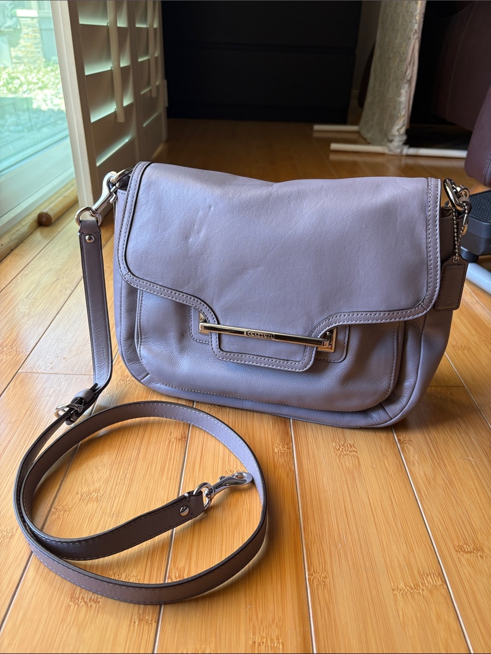 Coach Lavender Leather Flap Crossbody with Gold Hardware